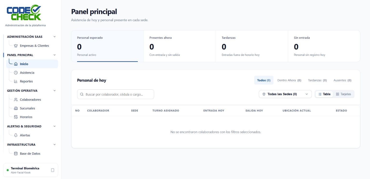 Panel de Code Check con navegación a colaboradores, sucursales, horarios, asistencia y reportes.
